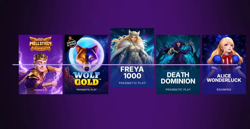 Gates of Mellstroy, Wolf Gold, Freya 1000, Death Dominion va Alice WonderLuck muqovalari bir qatorda